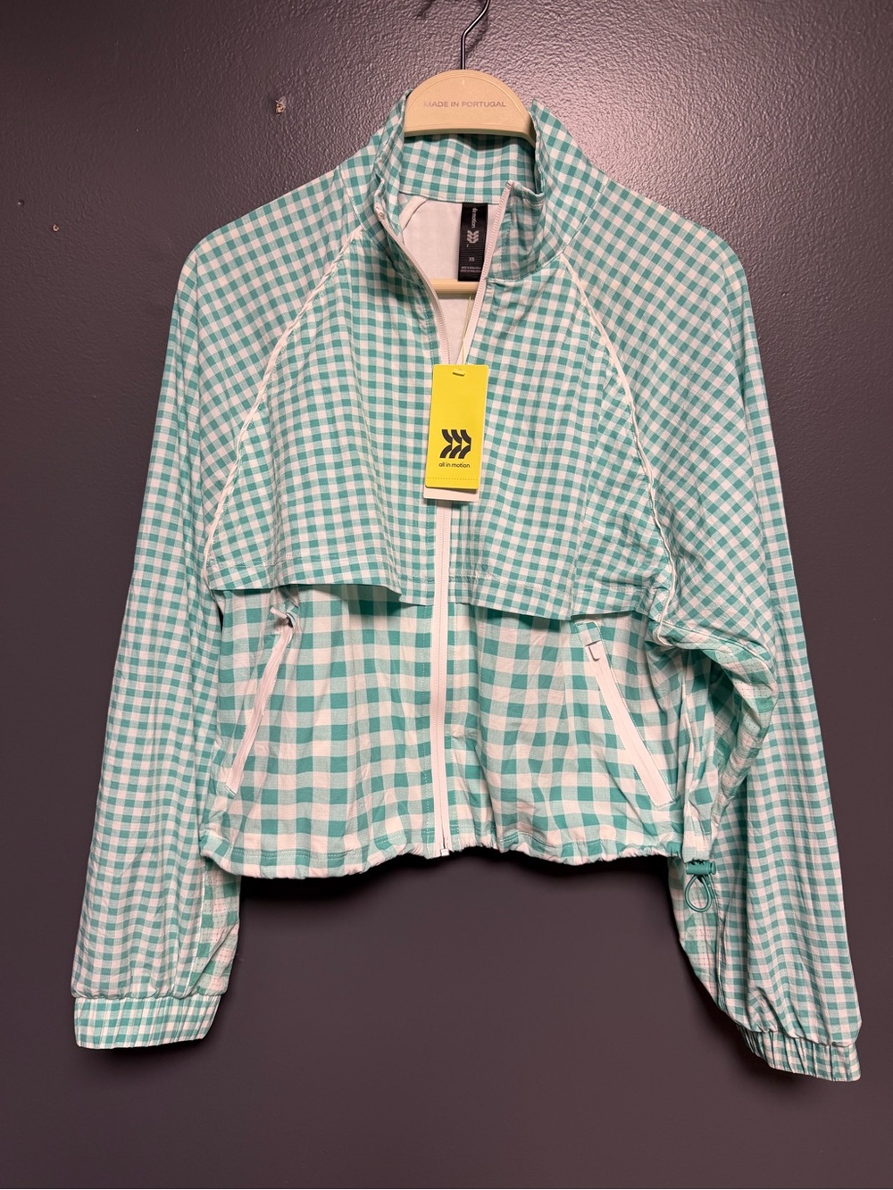 NWT All In Motion Women's Green Gingham Full Zip Lightweight Jacket Size XS